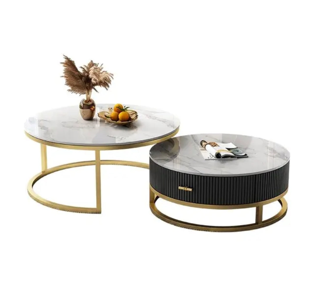 2in1 Marbletop Table Set | Elegant Tables with Drawers & Metallic Stands | 80cm & 60cm Diameters