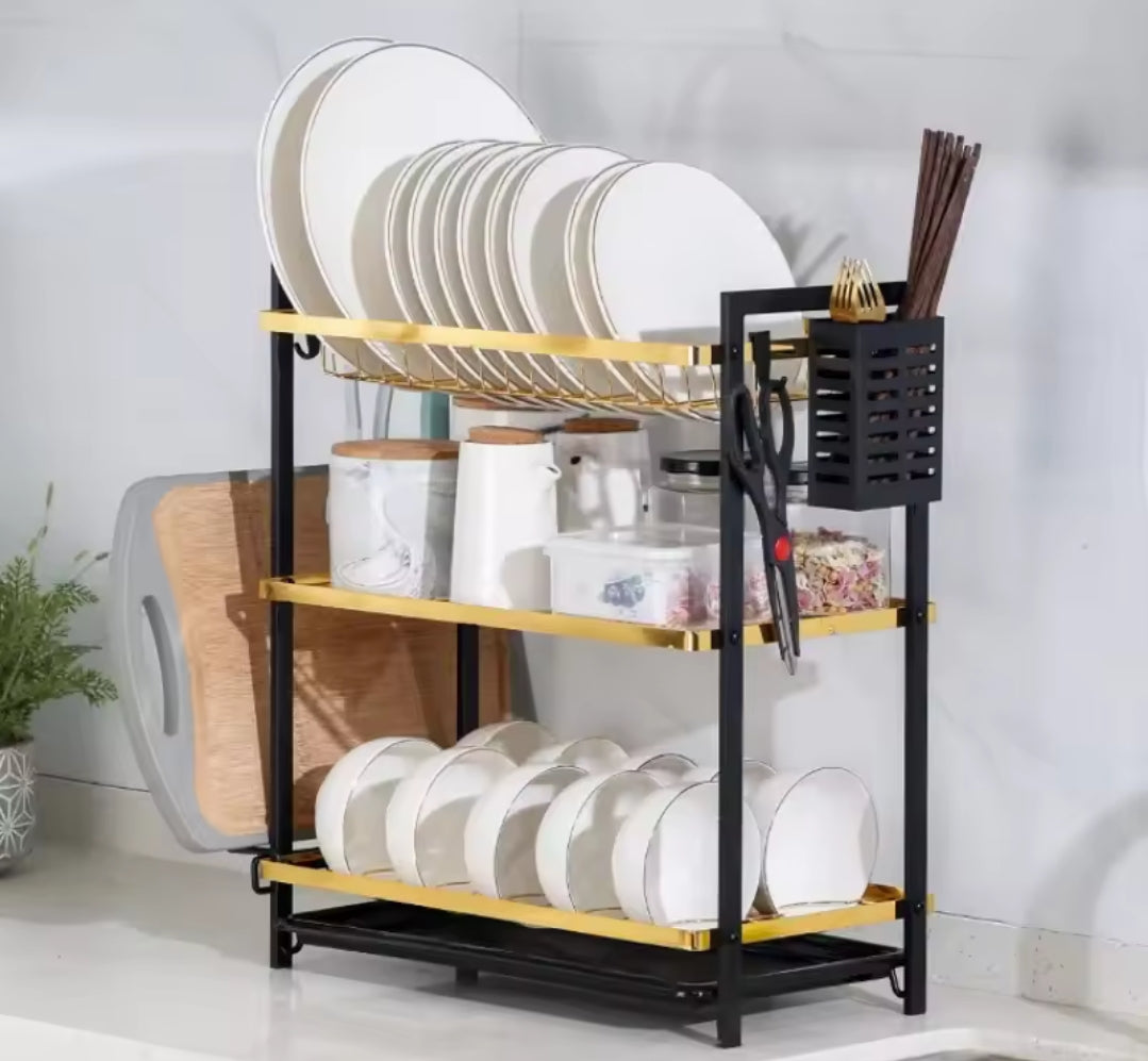 3Tier Dishrack SpaceSaving Kitchen Dish Organizer in Gold and Black