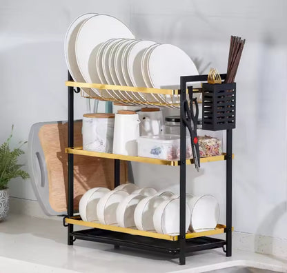 3Tier Dishrack SpaceSaving Kitchen Dish Organizer in Gold and Black