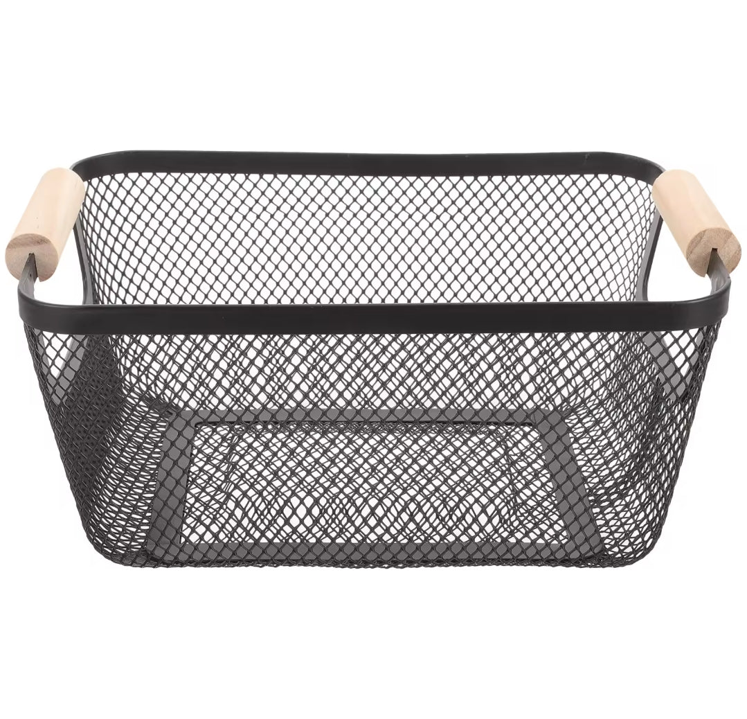 Multipurpose Mesh Storage Basket with Bamboo Handle Black Fruit and Vegetable Basket for Kitchen, Home, and More