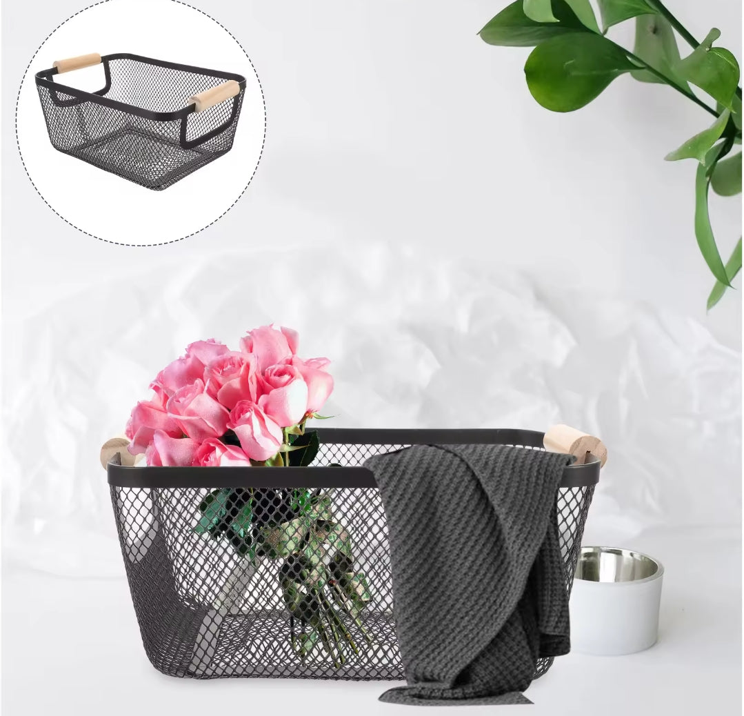 Multipurpose Mesh Storage Basket with Bamboo Handle Black Fruit and Vegetable Basket for Kitchen, Home, and More