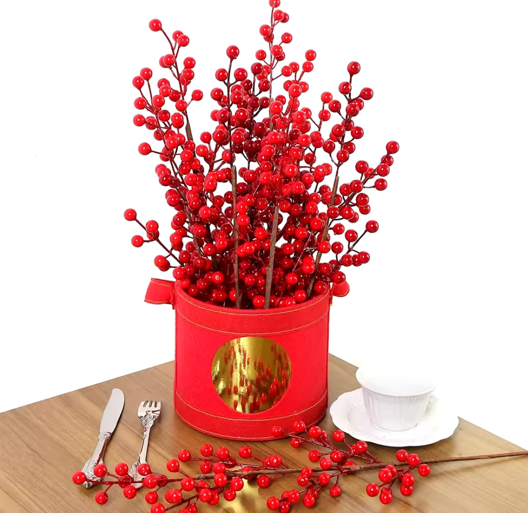 5pc Artificial Red Berry Bouquet | Christmas Decoration Flowers | Home Decor & Xmas Tree Ornaments Accessory