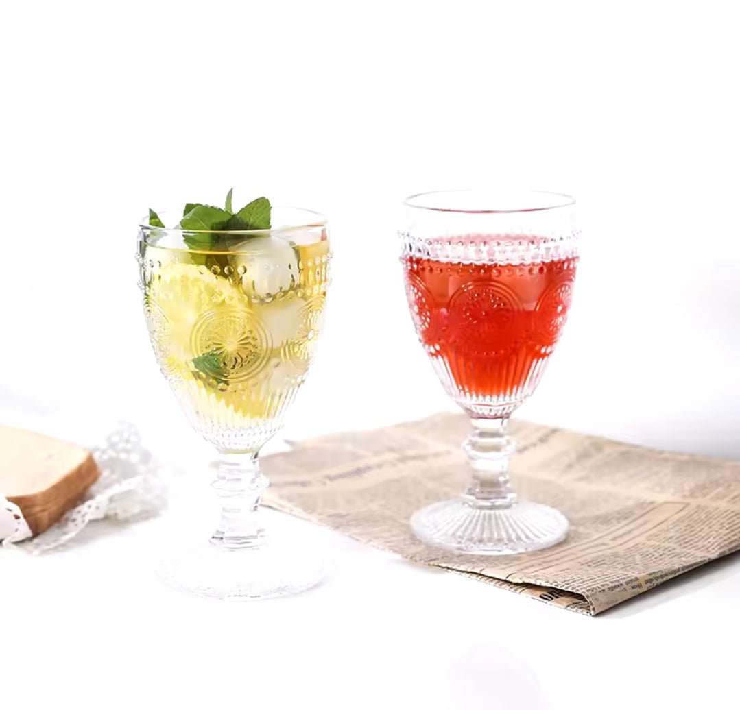 Retro Embossed Goblet Set  Floral Cocktail Glasses
Capacity: 240ml per glass
Material: High-quality embossed glass
Set Contains: 6 glasses