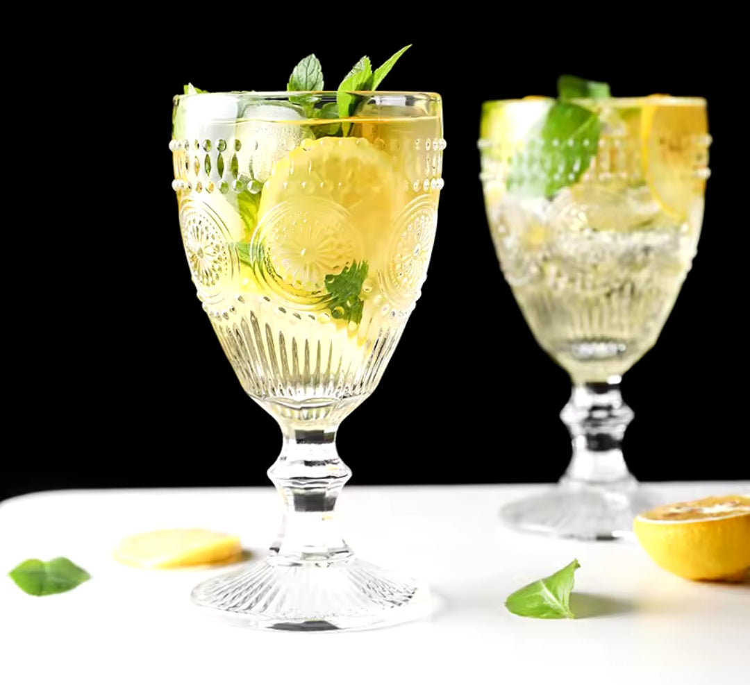 Retro Embossed Goblet Set  Floral Cocktail Glasses
Capacity: 240ml per glass
Material: High-quality embossed glass
Set Contains: 6 glasses