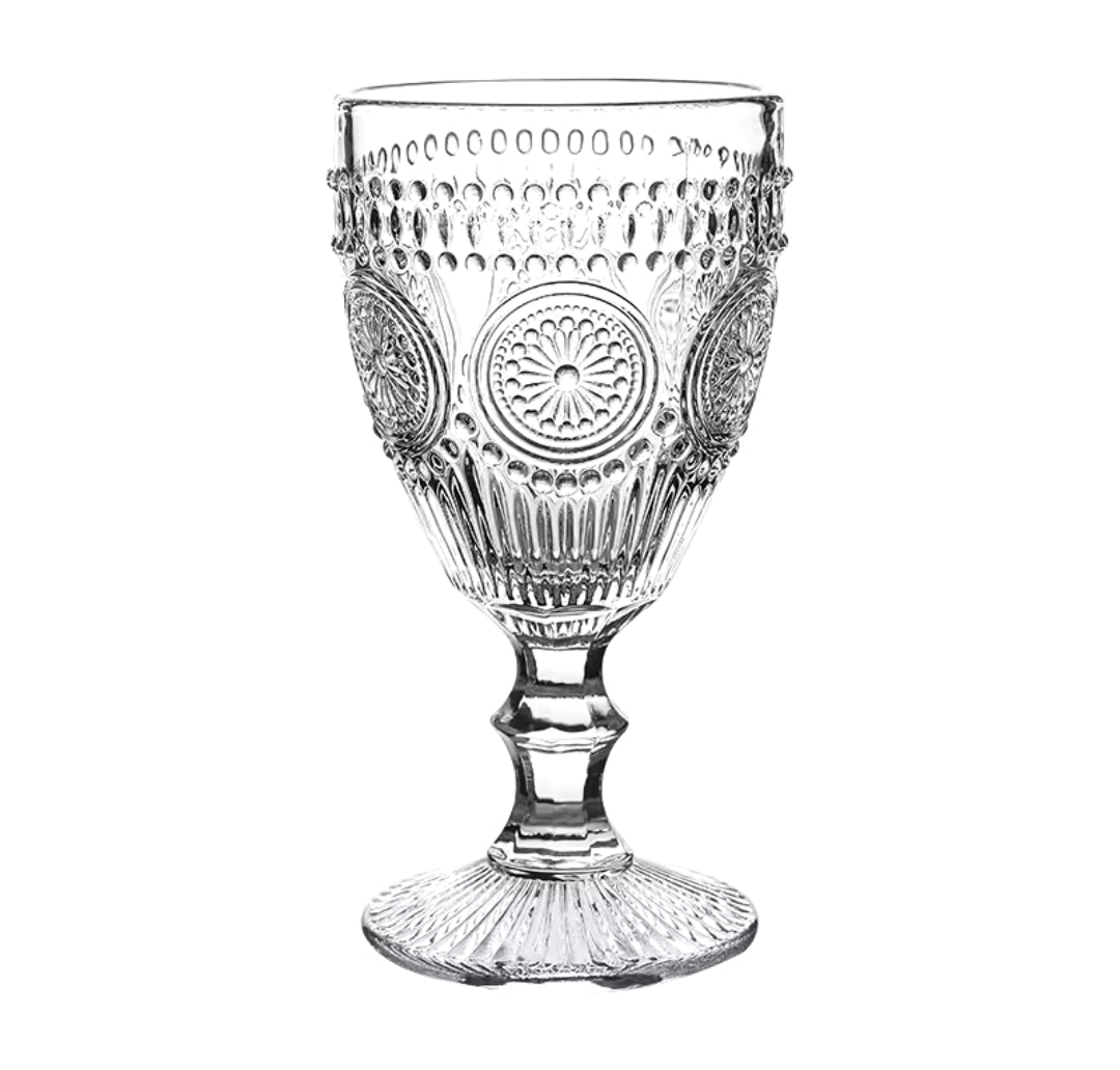 Retro Embossed Goblet Set  Floral Cocktail Glasses
Capacity: 240ml per glass
Material: High-quality embossed glass
Set Contains: 6 glasses