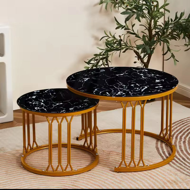 High Quality Luxury Nesting Coffee Table Set  Black Marble & Gold Finish