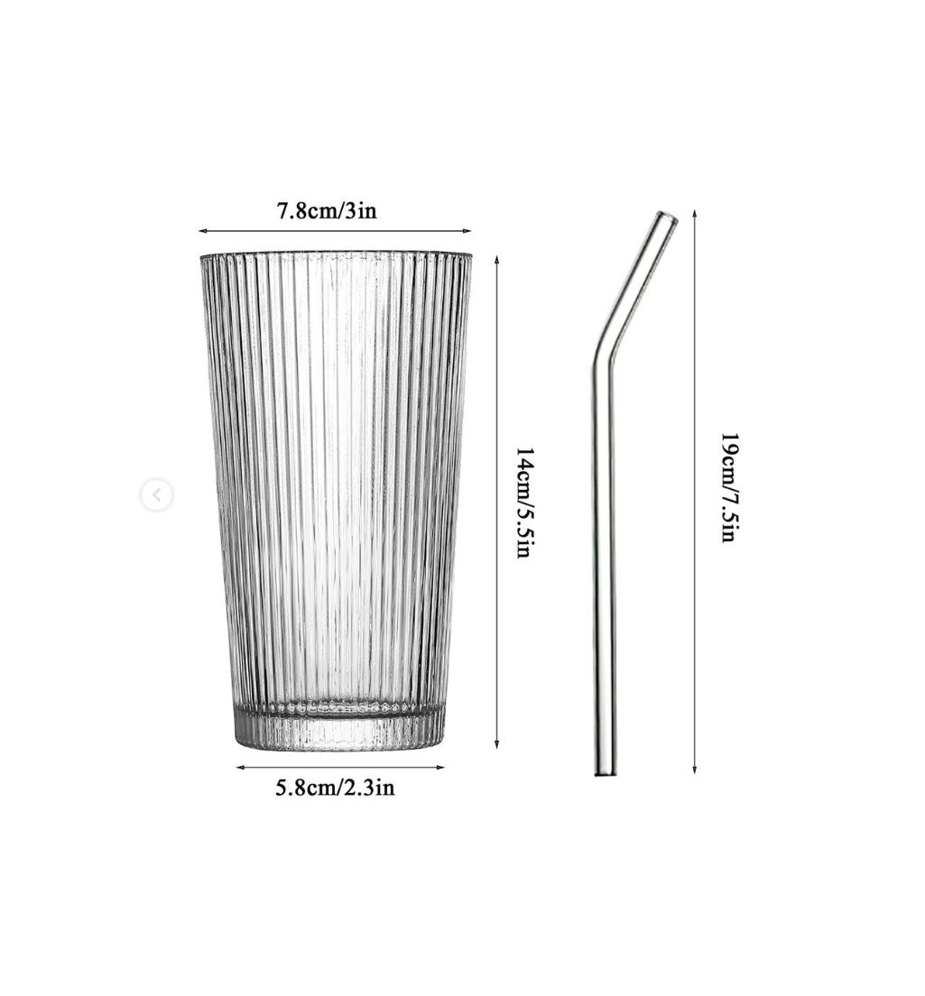 375ml Simple Transparent Stripe Glass Cup with Lid and Straw | Ideal for Bubble Tea, Coffee, Juice