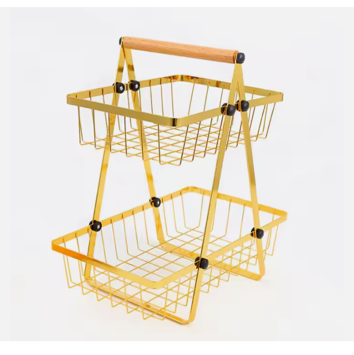 Multipurpose V-shaped Two Layer Metallic Golden Rack with Wooden Handle | Kitchen | Bathrooms | Living Room Home Storage Organizer Storage Rack