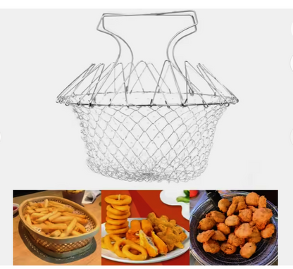 12in1 Stainless Steel Chef Basket  Foldable Cooking, Frying, and Straining Basket for Kitchen Versatility