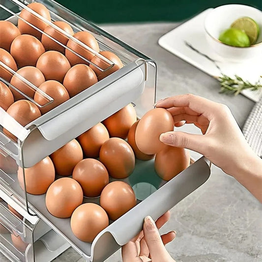 Drawer-Type Egg Storage Box – 32-Grid Transparent Plastic Egg Holder, Double-Layer Dumpling Box for Refrigerator