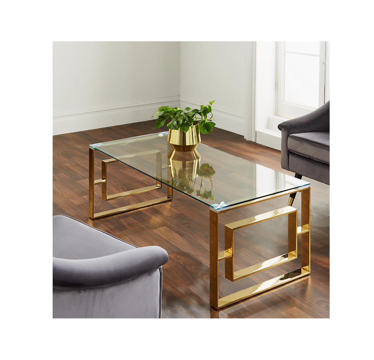 Central Glass Coffee Table | Minimalist Design with Polished Gold Stainless Steel Stands & Tempered Glass Top