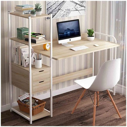 1.2 Meter Work Station Study Table | Modern Computer Desk with Bookshelf and Drawers | Home Office Furniture | White/Beige