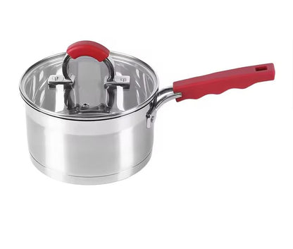 Redberry, 4 pcs set stainless steel Pots With Lid,Non-Slip grip,Red Ergonomic handle,Clear Lid,Stew Pans,Pots Cookware