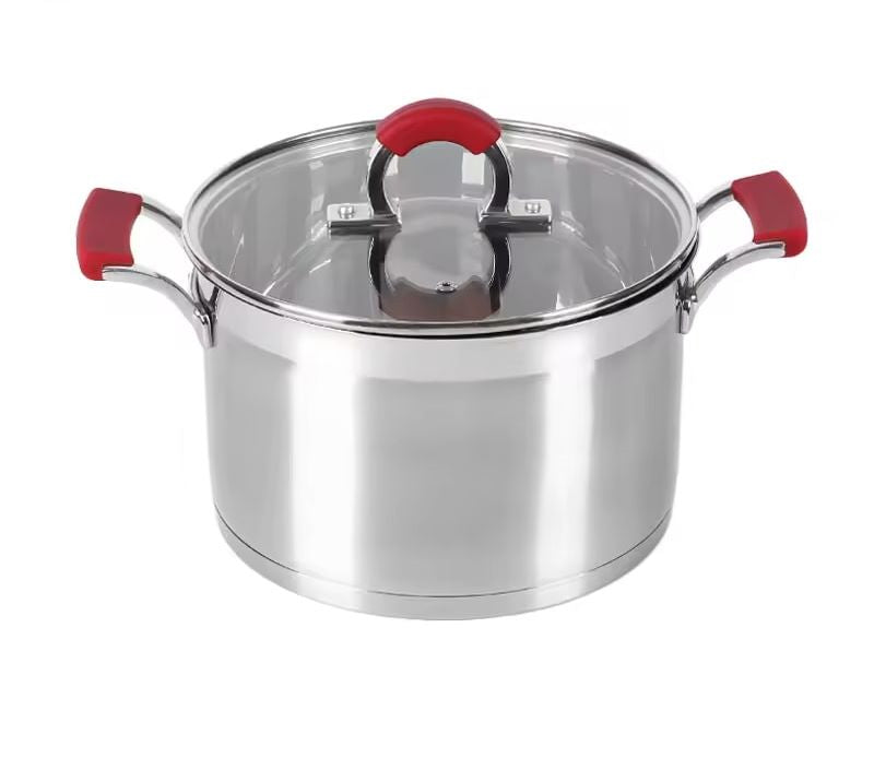 Redberry, 4 pcs set stainless steel Pots With Lid,Non-Slip grip,Red Ergonomic handle,Clear Lid,Stew Pans,Pots Cookware