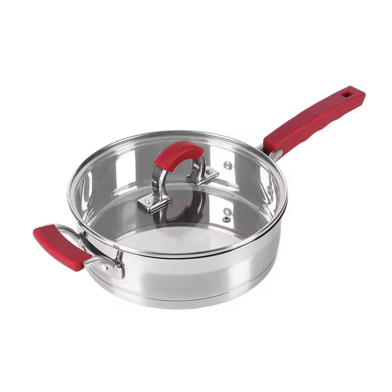 Redberry, 4 pcs set stainless steel Pots With Lid,Non-Slip grip,Red Ergonomic handle,Clear Lid,Stew Pans,Pots Cookware