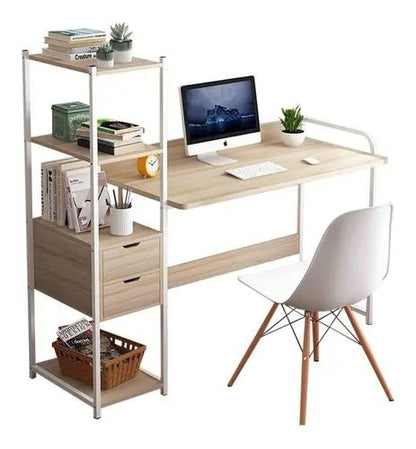 1.2 Meter Work Station Study Table | Modern Computer Desk with Bookshelf and Drawers | Home Office Furniture | White/Beige