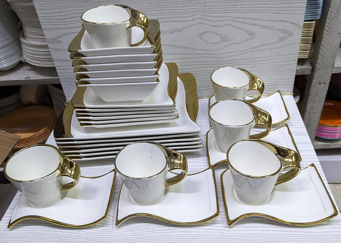 Elegant White 30 Piece Dinner Set with Gold Rim | Includes Plates, Side Plates, Bowls, Cups, and Saucers