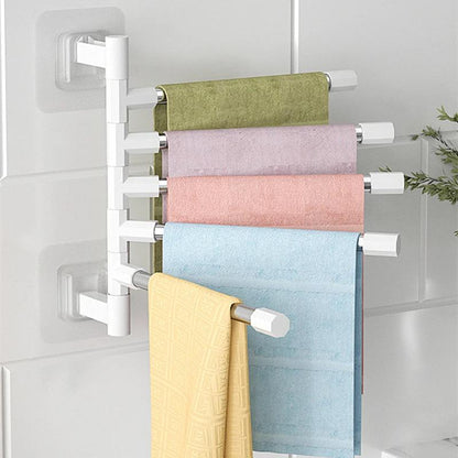 4 Rod Bathroom Rotatable Towel Rack | Punch Free Wall Hanging Towel Holder | Space Saving Organizer