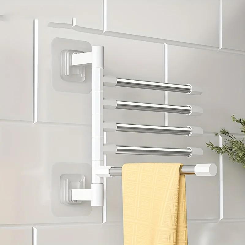 4 Rod Bathroom Rotatable Towel Rack | Punch Free Wall Hanging Towel Holder | Space Saving Organizer