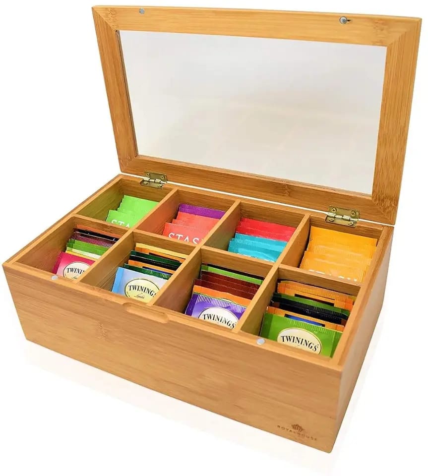 Bamboo Tea Bag Organizer | 8 Compartments Eco Friendly Natural Bamboo Storage Solution for Tea Lovers