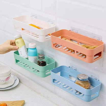 Rectangular Simple Adhesive Plastic Bathroom 2pcs Shelf – Durable Moisture-Resistant Plastic – Available in White, Blue, Orange, Green – Easy No-Drill Installation, Space-Saving Organizer