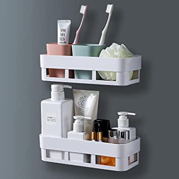 Rectangular Simple Adhesive Plastic Bathroom 2pcs Shelf – Durable Moisture-Resistant Plastic – Available in White, Blue, Orange, Green – Easy No-Drill Installation, Space-Saving Organizer