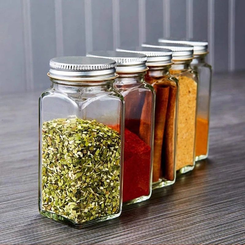 Square Spice Jars – Glass Storage Containers with Airtight Lids & Shaker Inserts (Available in 4oz, 6oz, and Larger Sizes)