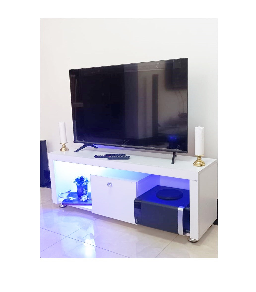 Amsterdam TV Stand 55" | Wooden with Cabinets | LED Light | White Color | 120x30x45 cm (47.2 x 11.8 x 17.7 inches)