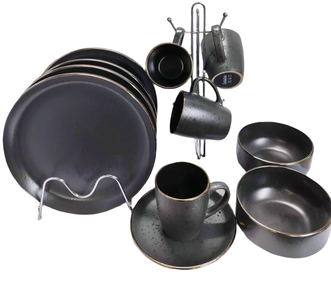 16 Piece Black Ceramic Dinner Set with Gold Rims | 4 Dinner Plates, 4 Side Plates, 4 Bowls, 4 Cups