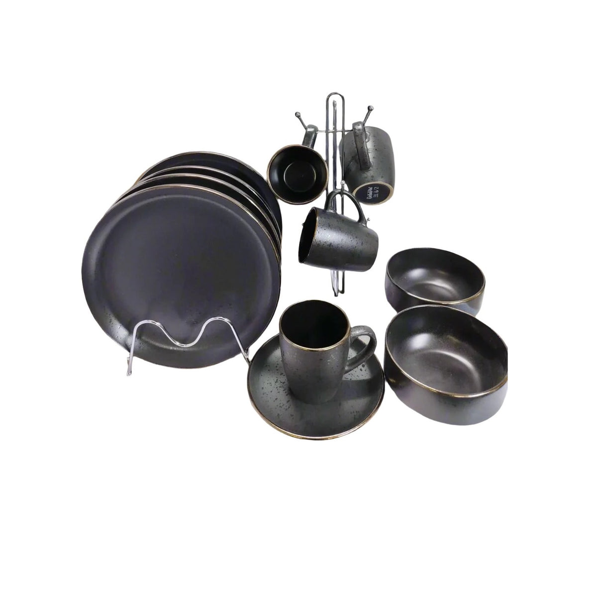 16 Piece Black Ceramic Dinner Set with Gold Rims | 4 Dinner Plates, 4 Side Plates, 4 Bowls, 4 Cups