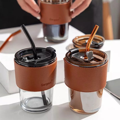 450ml Glass Tumbler/Cup with Straw and Leather Protective Sleeve