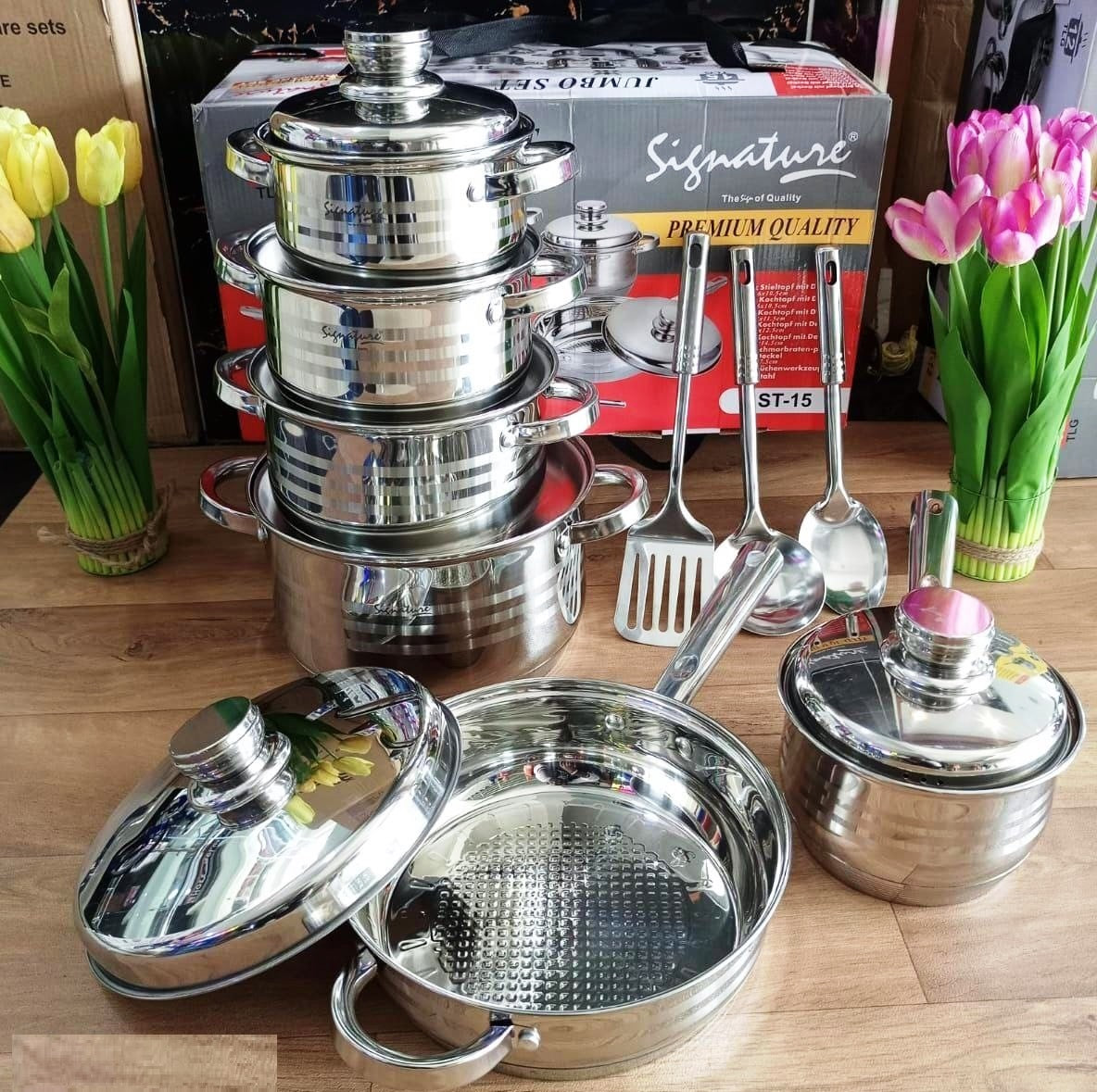 15 pcs Induction Base Stainless Steel Cookware set with Glass Lid  ST-15