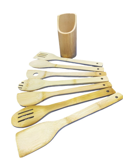 Bamboo Mwiko Set | 7 Piece Set | Includes Spaghetti Server, Soup Ladle, Slotted Spoon | Ideal for cooking and serving various dishes