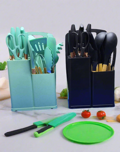 19 Pcs Silicone Cooking Tools Set | Includes Spoons, Knives, Chopping Board & Holder | Green, Black