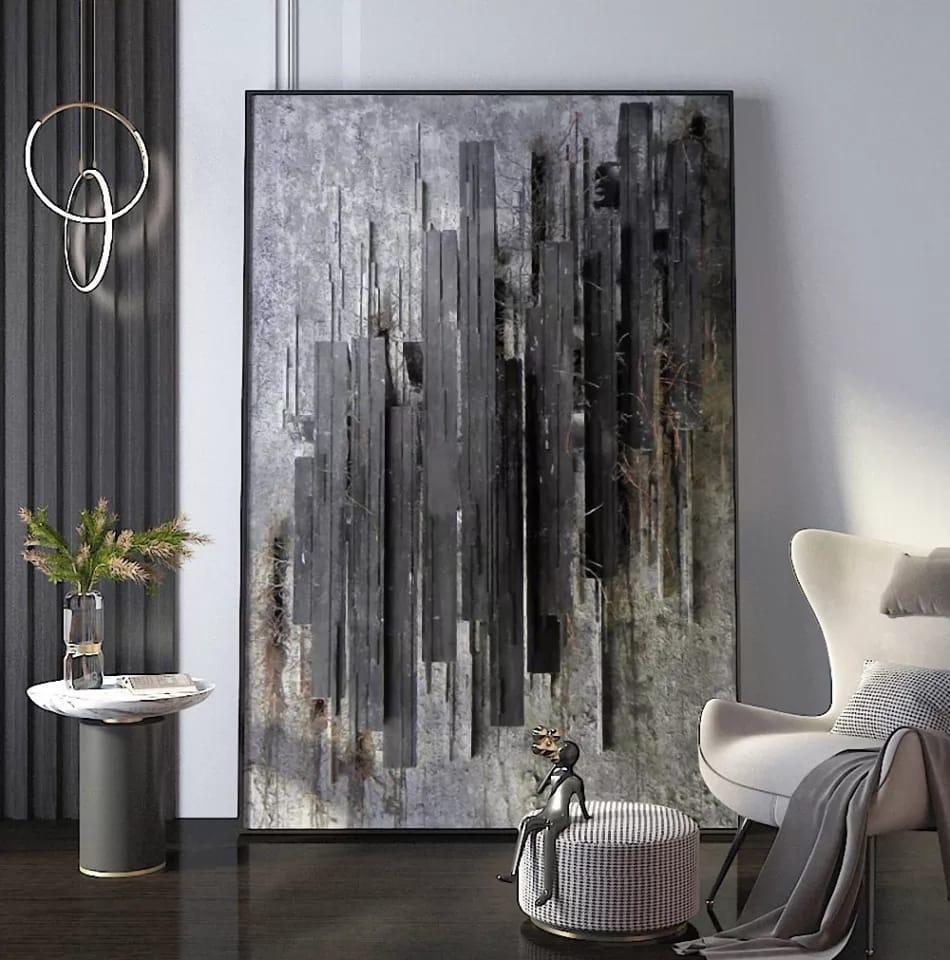 60x90cm Abstract Wall Art | Black and White Texture Canvas Painting | Minimalist Decor with Wooden Frame| Living Room Home Decor