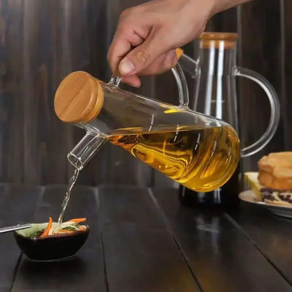 Oil Vinegar Dispenser | 580ml Borosilicate Glass Bottle with Eco-Friendly Bamboo Lid for Liquid Condiments