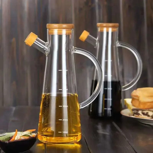 Oil Vinegar Dispenser | 580ml Borosilicate Glass Bottle with Eco-Friendly Bamboo Lid for Liquid Condiments