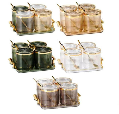 Luxury Acrylic Seasoning Set | Includes 4 Jars, Tray, and Spoons | Gold, Clear, Black