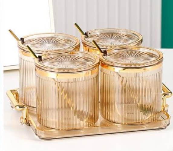 Luxury Acrylic Seasoning Set | Includes 4 Jars, Tray, and Spoons | Gold, Clear, Black