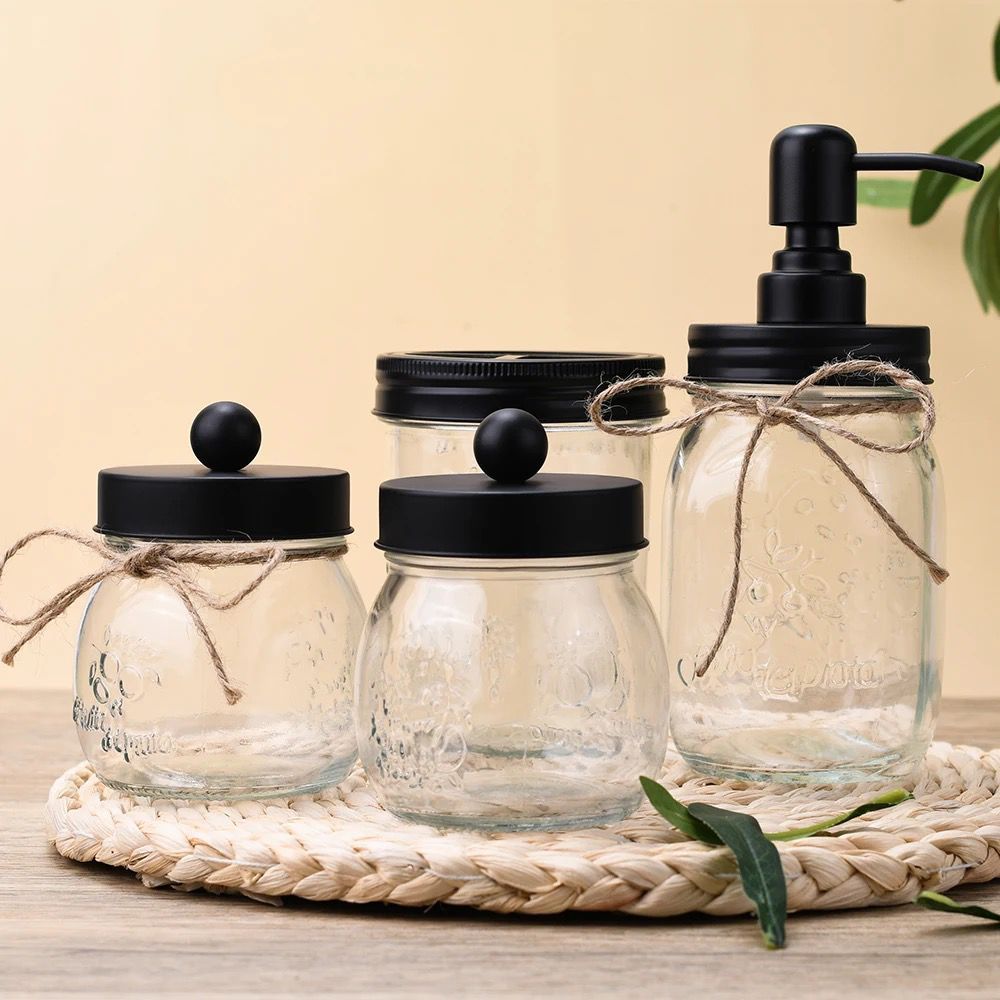 Mason Jars Bathroom Accessories Set with Black Lids | 4 Piece Storage Solution