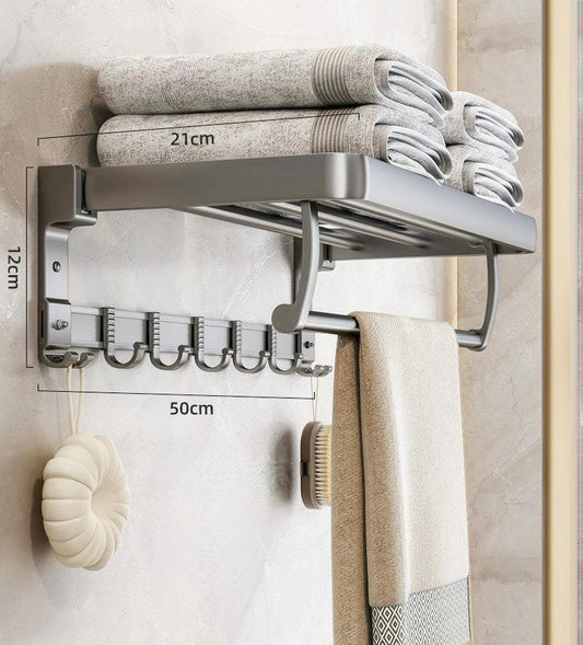 Heavy Duty  Bathroom Towel Organizer with Hanging Hooks | 19.7 Inch Wall Mounted Towel Rack for Bathrooms and Kitchens