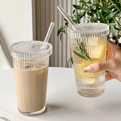 375ml Simple Transparent Stripe Glass Cup with Lid and Straw | Ideal for Bubble Tea, Coffee, Juice