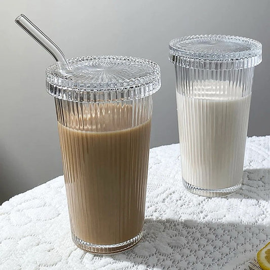 375ml Simple Transparent Stripe Glass Cup with Lid and Straw | Ideal for Bubble Tea, Coffee, Juice