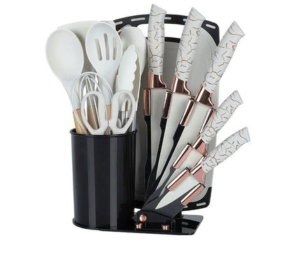 19 Piece Kitchenware Set | Premium Kitchen Tools with Elegant Stand | Knife Set, Chopping Board & Silicone Utensils