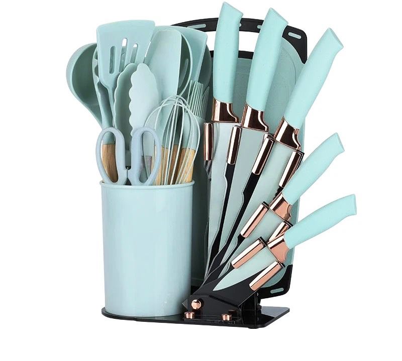 19 Piece Kitchenware Set | Premium Kitchen Tools with Elegant Stand | Knife Set, Chopping Board & Silicone Utensils