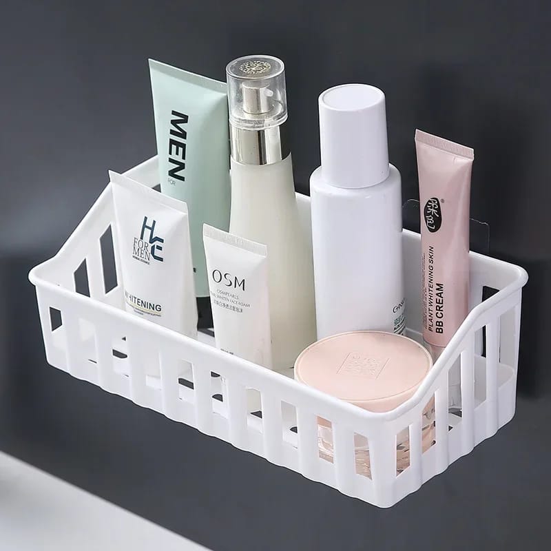 Non Perforated Compact and Durable Wall Mounted Plastic Bathroom Organizer | Ideal for Toiletries | Green, Beige, Gray, White Storage Rack