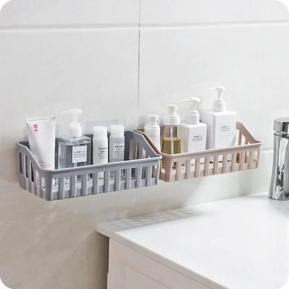 Non Perforated Compact and Durable Wall Mounted Plastic Bathroom Organizer | Ideal for Toiletries | Green, Beige, Gray, White Storage Rack