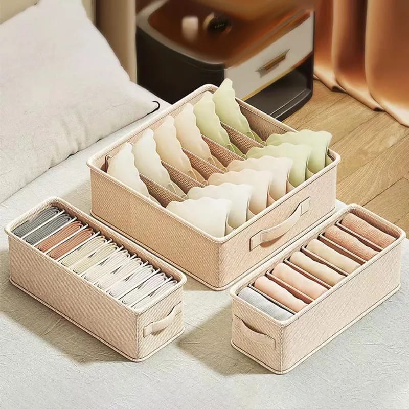 3 Pack Foldable Underwear Wardrobe Storage Box Set | Closet & Dresser Organizer | Beige & Grey