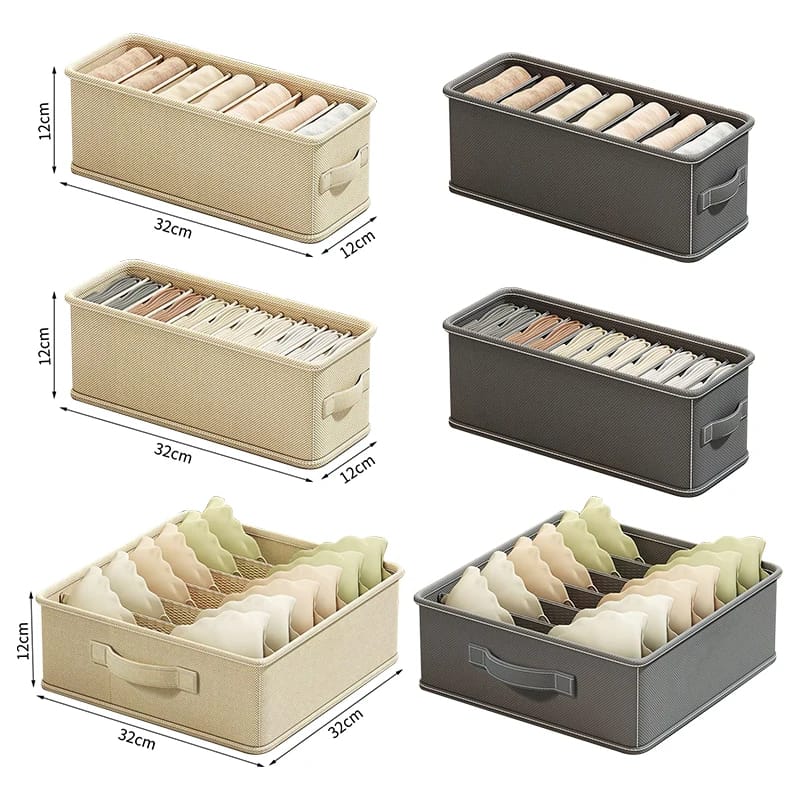 3 Pack Foldable Underwear Wardrobe Storage Box Set | Closet & Dresser Organizer | Beige & Grey