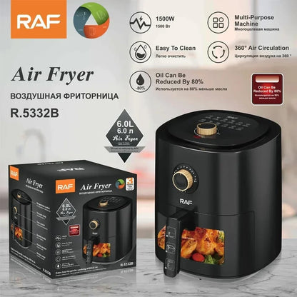 RAF 6L Multifunctional Air Fryer | 1500W Visible Air Fryer Machine with 360° Air Circulation for French Fries & More, Large Capacity Cookware